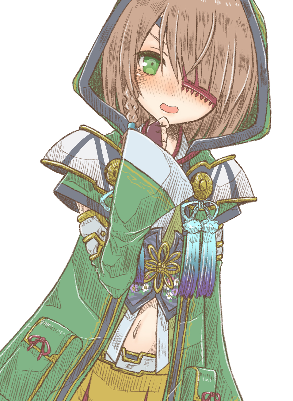 1girl, blush, braid, braided_sidelock, brown_hair, coat, cowboy_shot, detached_sleeves, eyepatch, fingerless_gloves, gloves, green_coat, green_eyes, green_hood, green_kimono, hair_over_one_eye, half-closed_eyes, hand_on_own_face, highres, hkywymzk, hood, hood_up, japanese_clothes, kimono, navel, neck_ribbon, nose_blush, open_mouth, ribbon, sengoku_otome, short_hair, skirt, straight-on, yamamoto_kansuke_(sengoku_otome), yellow_skirt
