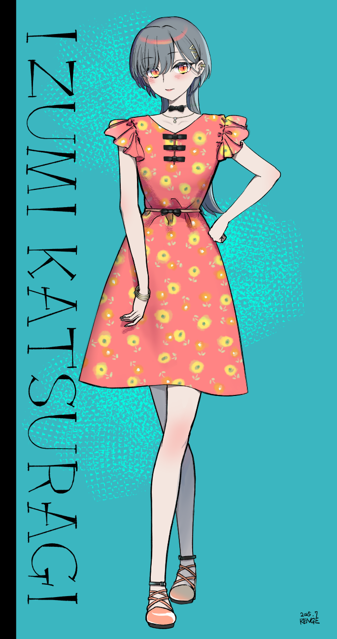 1girl, alternate_costume, artist_name, blue_background, character_name, collarbone, commentary, crossed_legs