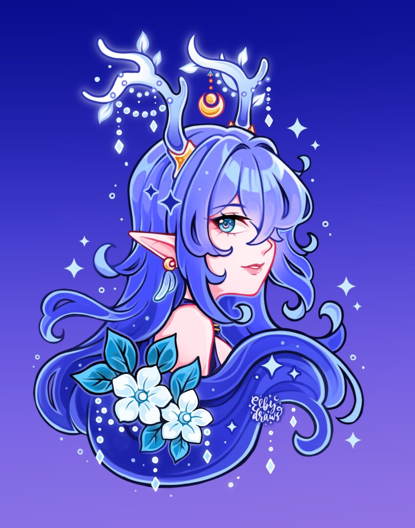 1girl, antler_ornament, antlers, bare_shoulders, blue_background, blue_eyes, blue_hair, commentary