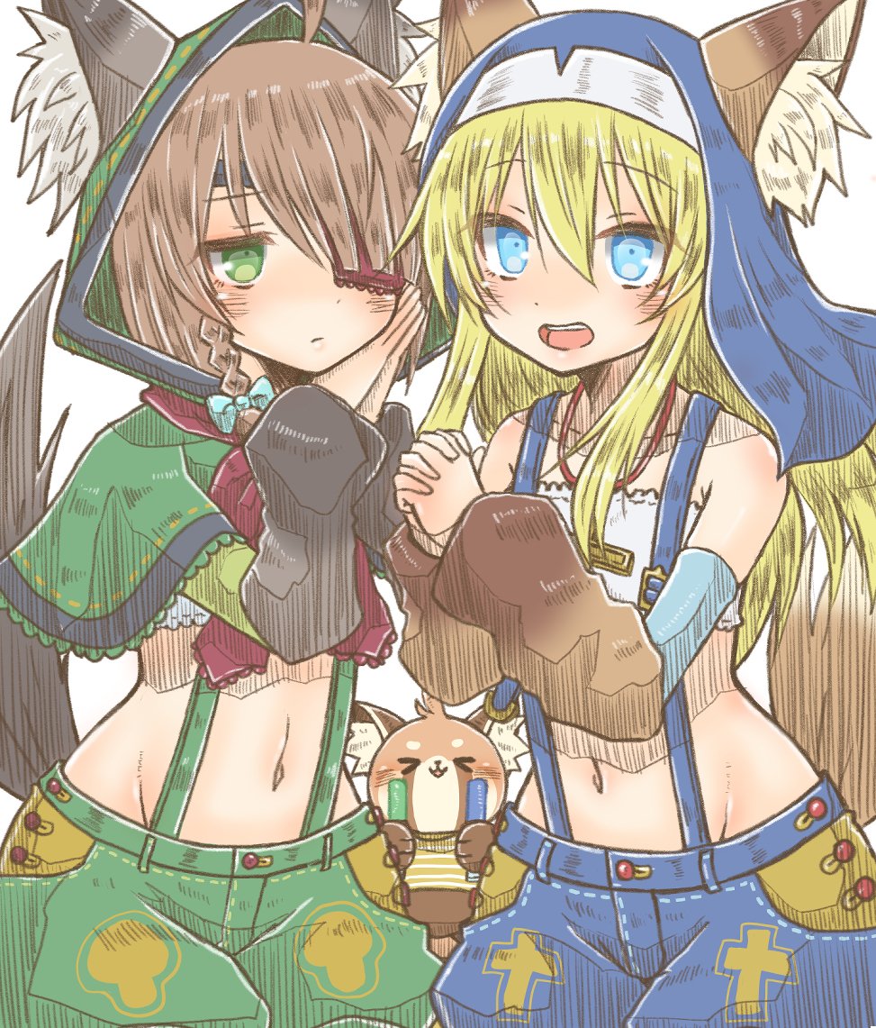 2girls, ahoge, alternate_costume, animal, animal_ears, aqua_eyes, bandeau, blonde_hair, blue_coif, blue_shorts, blue_veil, blush, braid, braided_sidelock, brown_hair, cross, eyepatch, flat_chest, green_eyes, green_hood, green_shorts, groin, half-closed_eyes, hkywymzk, hood, hood_up, jewelry, latin_cross, long_hair, looking_at_viewer, multiple_girls, navel, necklace, nun, ootomo_sourin_(sengoku_otome), own_hands_clasped, own_hands_together, palms_together, praying, red_ribbon, ribbon, sengoku_otome, shorts, side-by-side, sidelocks, suspenders, tail, tanuki, veil, white_bandeau, yamamoto_kansuke_(sengoku_otome)