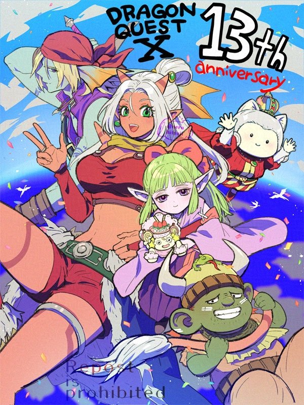 2girls, 3boys, anniversary, aqua_skin, arm_tattoo, bandana, blonde_hair, blue_sky, blunt_bangs, bow, colored_skin, commentary_request, confetti, copyright_name, crown, distan_(dq10), doll, dragon_quest, dragon_quest_x, earrings, facial_hair, facial_mark, fins, fish_boy, fuura_(dq10), green_eyes, green_skin, grin, hair_bow, head_fins, holding, holding_doll, horned_hat, hyuuza_(dq10), japanese_clothes, jewelry, large_ears, looking_at_viewer, looking_to_the_side, maiyu_(dq10), midriff, monster_boy, multiple_boys, multiple_girls, navel, neruhitsuji, pink_bow, pointy_ears, ponytail, prince, prince_laguas, profile, puffy_short_sleeves, puffy_sleeves, purple_eyes, purple_skin, purple_vest, red_bandana, red_shorts, red_skin, red_sports_bra, scarf, short_sleeves, shorts, shoulder_spikes, silver_thighlet, sky, smile, sphere_earrings, spikes, sports_bra, stubble, tail, tail_around_neck, tattoo, thighlet, vest, white_hair, yellow_scarf