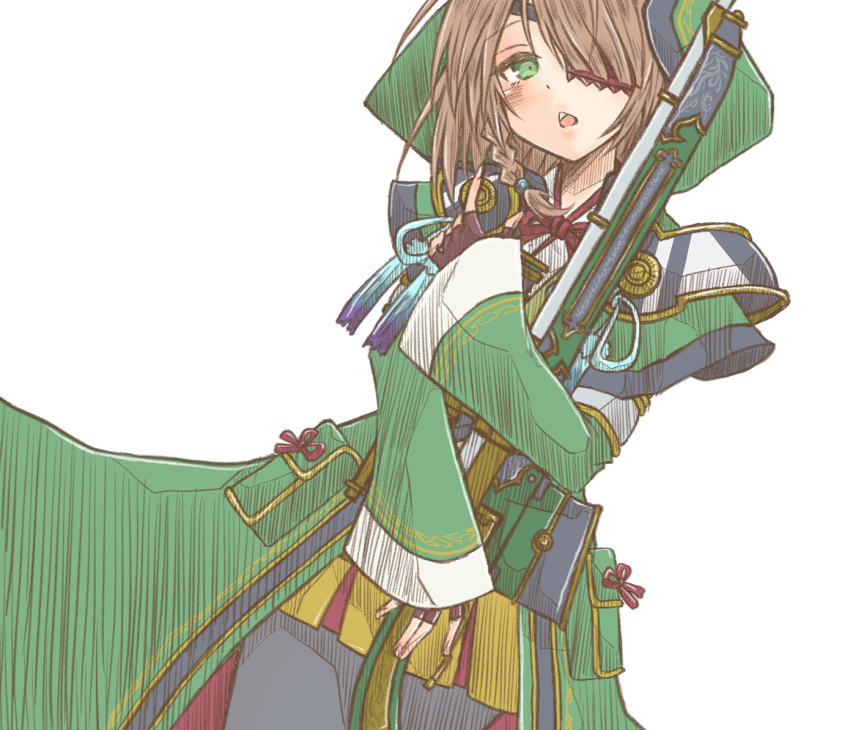 1girl, ahoge, black_pantyhose, blush, braid, braided_sidelock, brown_hair, coat, cowboy_shot, detached_sleeves, downturned_eyes, eyepatch, fingerless_gloves, gloves, green_coat, green_eyes, green_hood, green_kimono, gun, hair_over_one_eye, half-closed_eyes, hkywymzk, holding, holding_weapon, hood, hood_up, hugging_object, japanese_clothes, kimono, neck_ribbon, open_mouth, pantyhose, ribbon, rifle, sengoku_otome, short_hair, skirt, sniper_rifle, standing, weapon, white_background, yamamoto_kansuke_(sengoku_otome), yellow_skirt