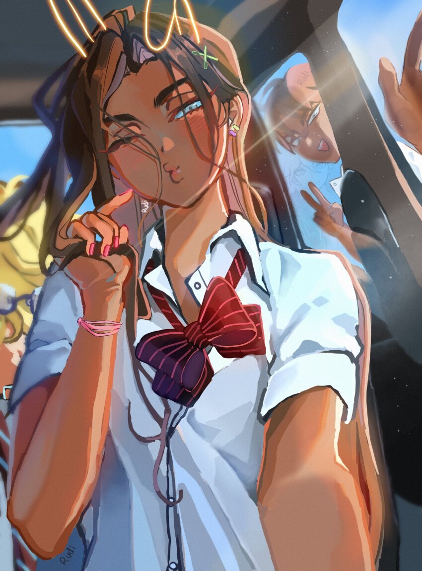 1girl, alien_stage, blonde_hair, bow, bowtie, bracelet, brown_hair, collared_shirt