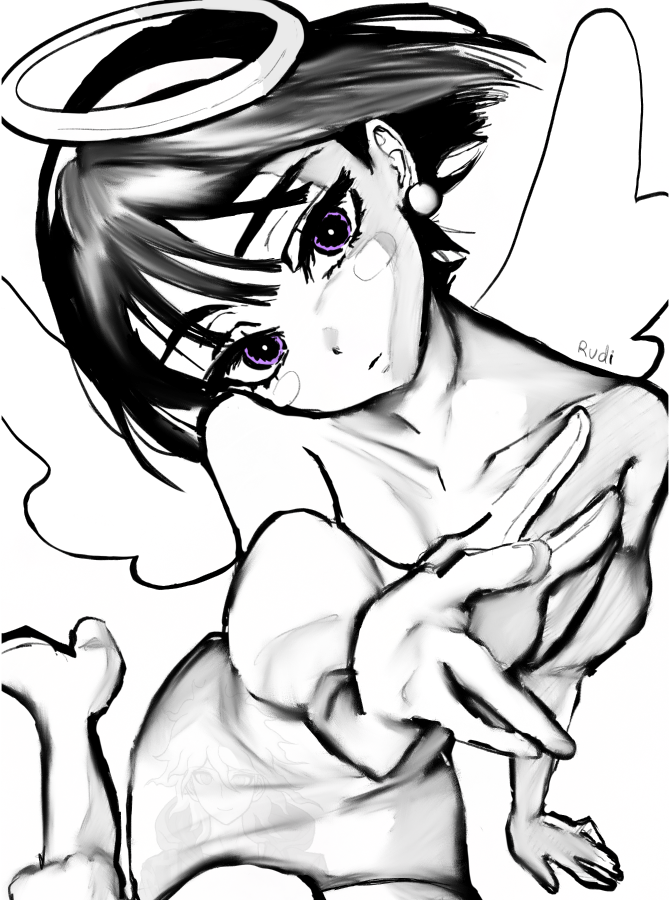 1girl, alien_stage, angel_wings, bare_shoulders, blood, blood_on_neck, commentary, earrings