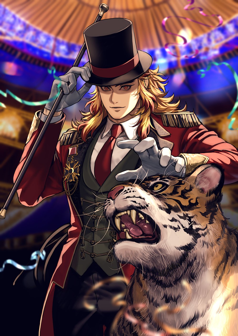 1boy, alternate_universe, animal, black_pants, blonde_hair, cane, circus, epaulettes