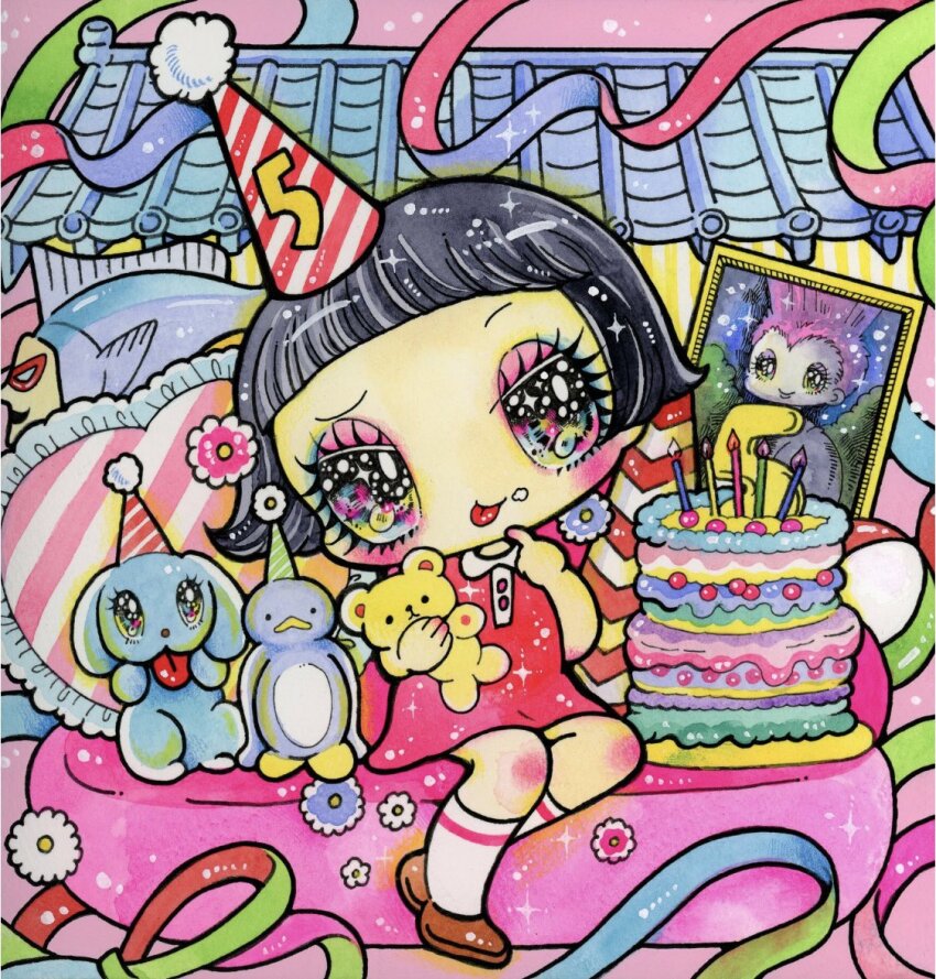 1girl, black_hair, blue_eyeshadow, blush, cake, chibi, chibi_only, child