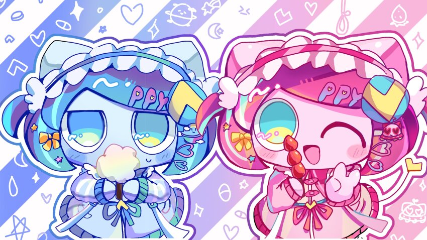 2girls, ;d, absurdres, animal_ears, aqua_eyes, aqua_hair, blue_background, blue_eyes, blue_hair, blue_hairband, blue_jacket, blue_ribbon, blue_skin, bow, buttons, cat_ears, collared_jacket, colored_skin, cotton_candy, covered_mouth, crescent, diagonal-striped_background, food, frilled_hairband, frills, fruit, gradient_background, hair_bow, hair_ornament, hairband, hairpods, hashtag-only_commentary, heart, heart_hair_ornament, heart_tail, heterochromia, highres, holding, holding_cotton_candy, holding_food, jacket, letter_hair_ornament, long_sleeves, looking_at_viewer, mochiko_bittoyo, multicolored_eyes, multicolored_hair, multiple_girls, no_pupils, noose, one_eye_closed, open_mouth, outline, pill, pink_background, pink_hair, pink_hairband, pink_jacket, pink_skin, poyoroid, red_ribbon, ribbon, short_hair, simple_background, smile, sparkle, standing, star_(symbol), star_hair_ornament, strawberry, streaked_hair, striped_background, sweatdrop, swept_bangs, tail, tongue, two-tone_eyes, two-tone_hair, two_side_up, upper_body, utau, v, white_background, white_outline, yellow_bow, yellow_eyes, yellow_tail