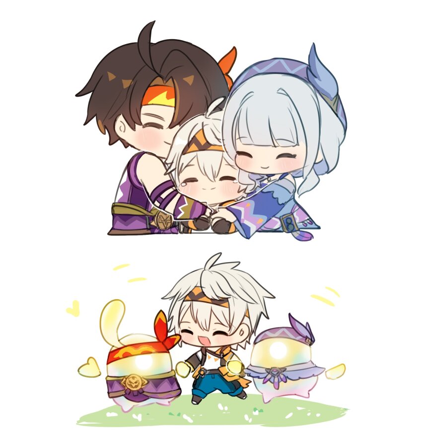 1girl, 2boys, aroni_(genshin_impact), bennett_(adventures_in_blazing_hue)_(genshin_impact), bennett_(genshin_impact), black_hair, blush, chibi