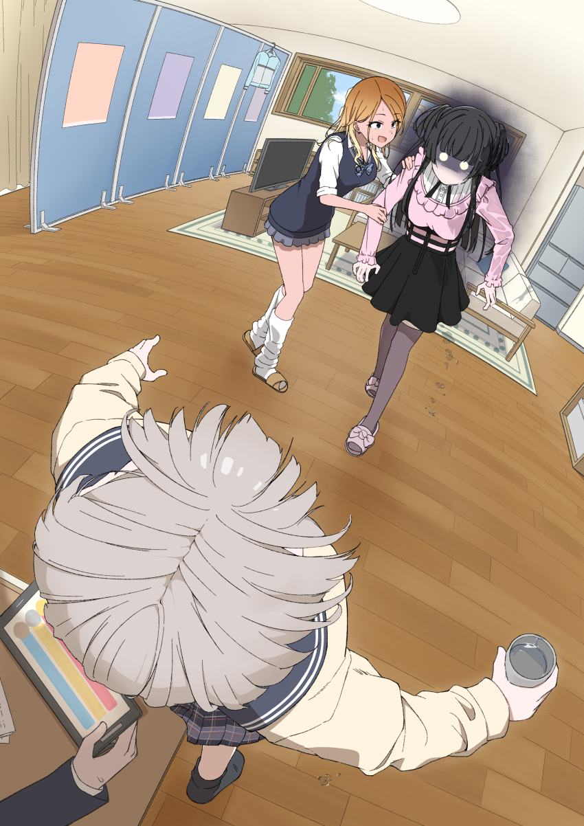 3girls, absurdres, amama_(pcnk4878), black_hair, black_skirt, black_sweater_vest, blonde_hair, brown_hair