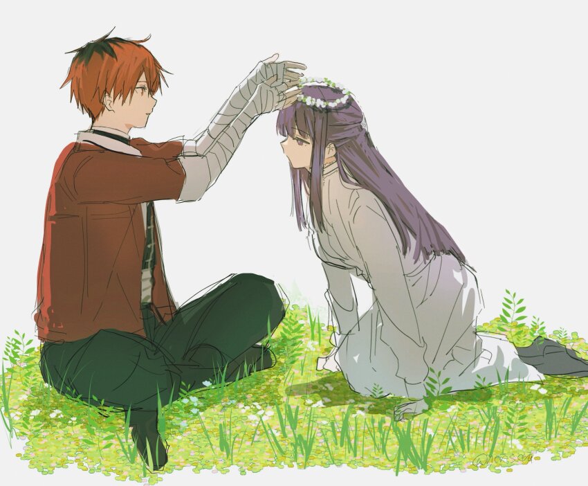 1boy, 1girl, bandaged_arm, bandaged_hand, bandages, black_hair, black_pants, black_shoes