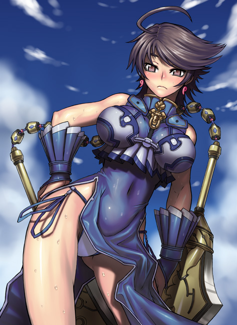 1girl, blue_sky, blush, brown_eyes, brown_hair, china_dress, chinese_clothes, comiket, comiket_74, dress, jony_(avion_mura), looking_at_viewer, panties, sangokushi_taisen, short_hair, sky, sun_shang_xiang_(sangokushi_taisen), sun_shangxiang_(shin_sangoku_musou), sweat, sweatdrop, tomboy, underwear, white_panties