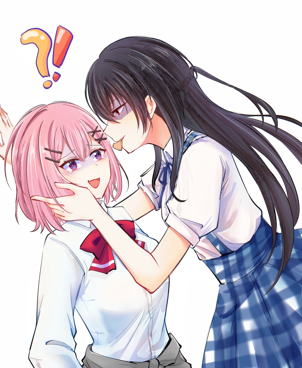 !?, 2girls, amaori_renako, apron, ashigaya_high_school_uniform, black_hair, blue_skirt, bow