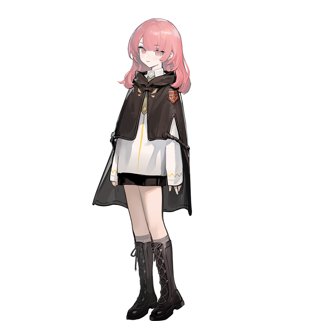1girl, aged_down, arknights, black_cloak, black_shorts, boots, brown_socks, cloak, closed_mouth, energy_wings, full_body, halo, iris_yi, knee_boots, kneehighs, lemuen_(arknights), lemuen_(young)_(arknights), long_sleeves, looking_at_viewer, medium_hair, official_alternate_costume, official_art, parted_bangs, pink_eyes, pink_hair, shirt, shorts, simple_background, sleeves_past_wrists, smile, socks, solo, standing, tachi-e, third-party_source, transparent_background, white_shirt