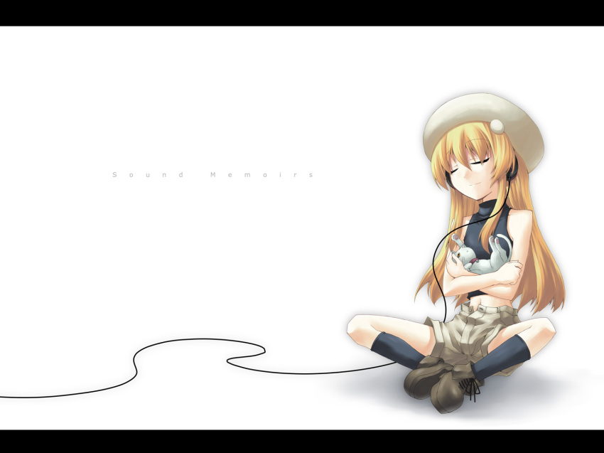 1boy, akakage_red, androgynous, bare_shoulders, blonde_hair, butterfly_sitting, cat, closed_eyes