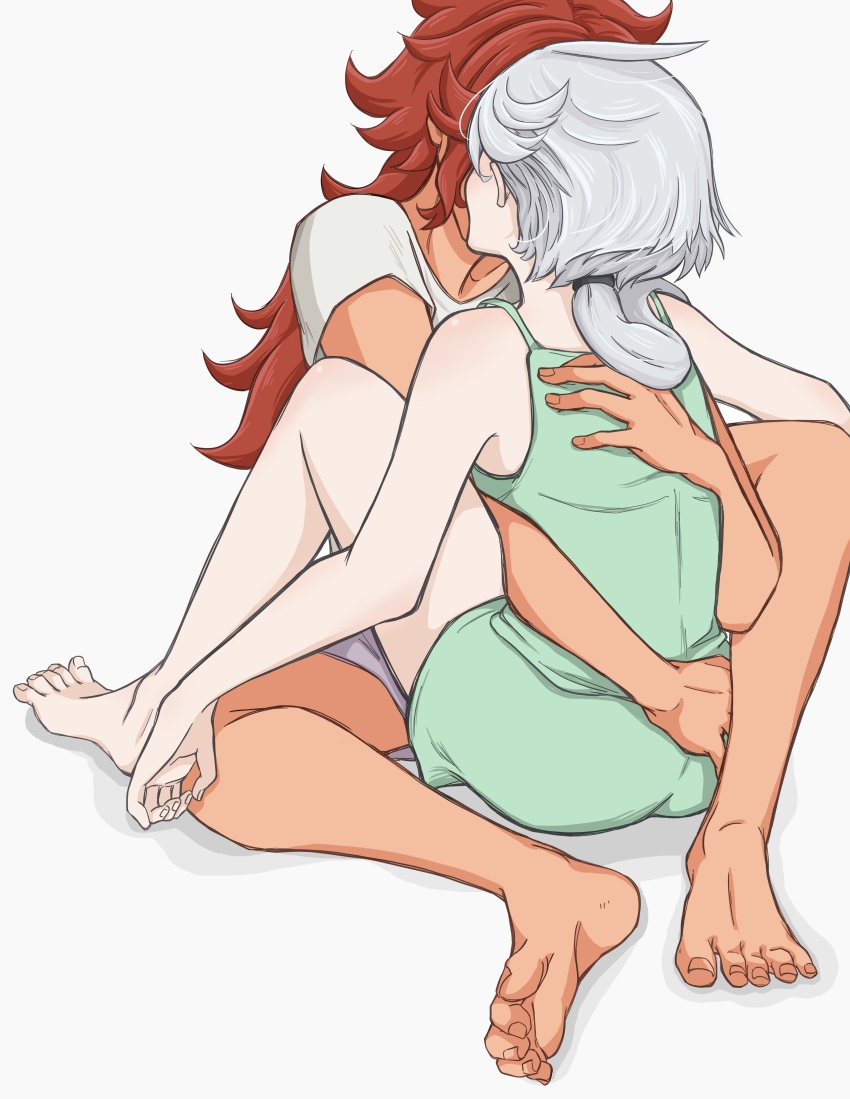 2girls, absurdres, barefoot, camisole, commentary_request, green_camisole, green_shorts, gundam