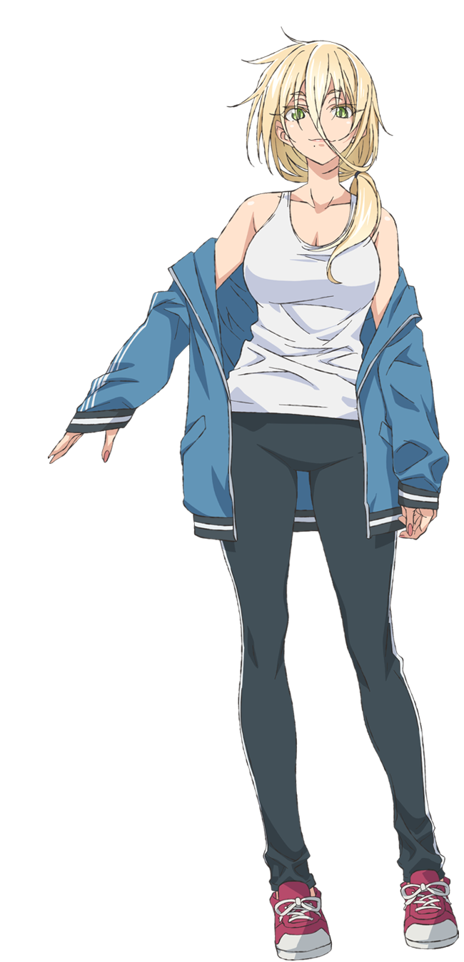 1girl, anime_coloring, blonde_hair, blue_jacket, breasts, cleavage, collarbone, full_body