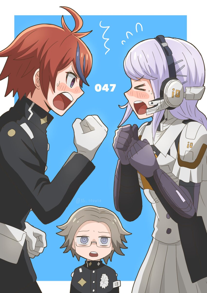 >_<, 1girl, 2boys, ^^^, ahoge, aotsuki_eito, armband, black_gloves, black_hair, black_hairband, black_jacket, blue_eyes, blush, clenched_hand, closed_eyes, commentary_request, elbow_gloves, flying_sweatdrops, frilled_sleeves, frills, glasses, gloves, grey_hair, hair_ornament, hairband, hairclip, hand_up, hands_up, headset, highres, jacket, jitome, kirifuji_nozomi, last_defense_academy_school_uniform, long_hair, mole, mole_under_eye, multicolored_hair, multiple_boys, open_mouth, pleated_skirt, pouch, red_hair, school_uniform, short_hair, short_sleeves, skirt, ss_100010, streaked_hair, sumino_takumi, sweat, teeth, the_hundred_line_-last_defense_academy-, two-tone_hair, upper_teeth_only, white_armband, white_gloves, white_hair, white_skirt