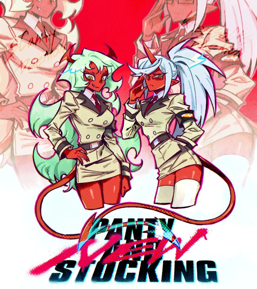 2girls, blue_hair, breasts, colored_skin, demon_girl, demon_horns, good_meal, green_eyes, green_hair, high_heels, highres, horns, kneesocks_(psg), long_hair, medium_breasts, multiple_girls, panty_&amp;_stocking_with_garterbelt, ponytail, red_skin, scanty_(psg), school_uniform