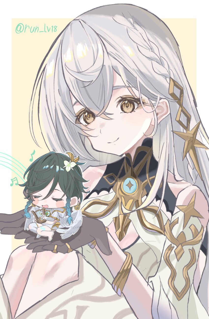 1boy, 1girl, absurdres, aqua_hair, artist_name, bare_shoulders, black_hair, braid