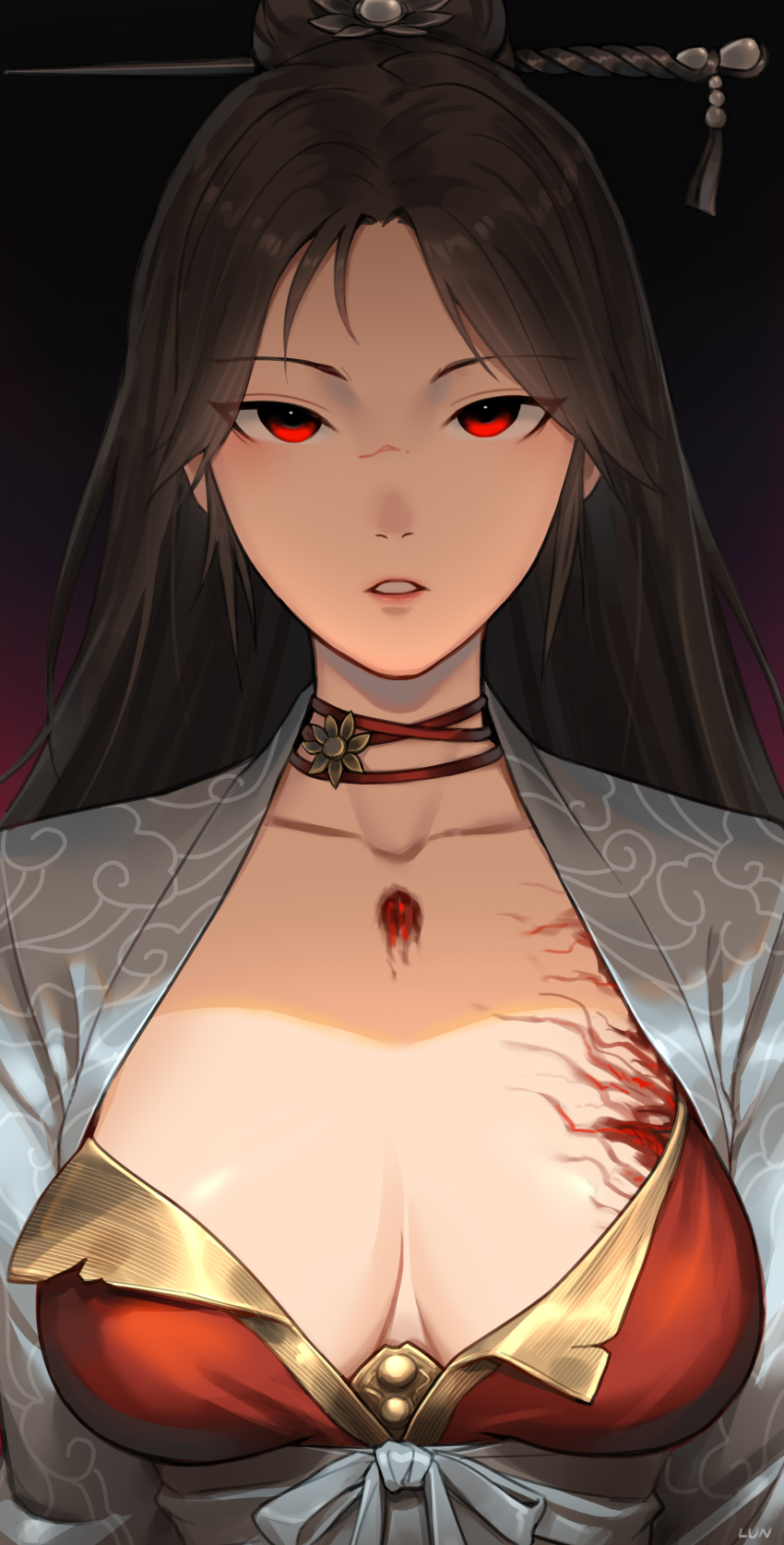 1girl, absurdres, artist_name, bai_wuchang, black_background, black_hair, blood, breasts