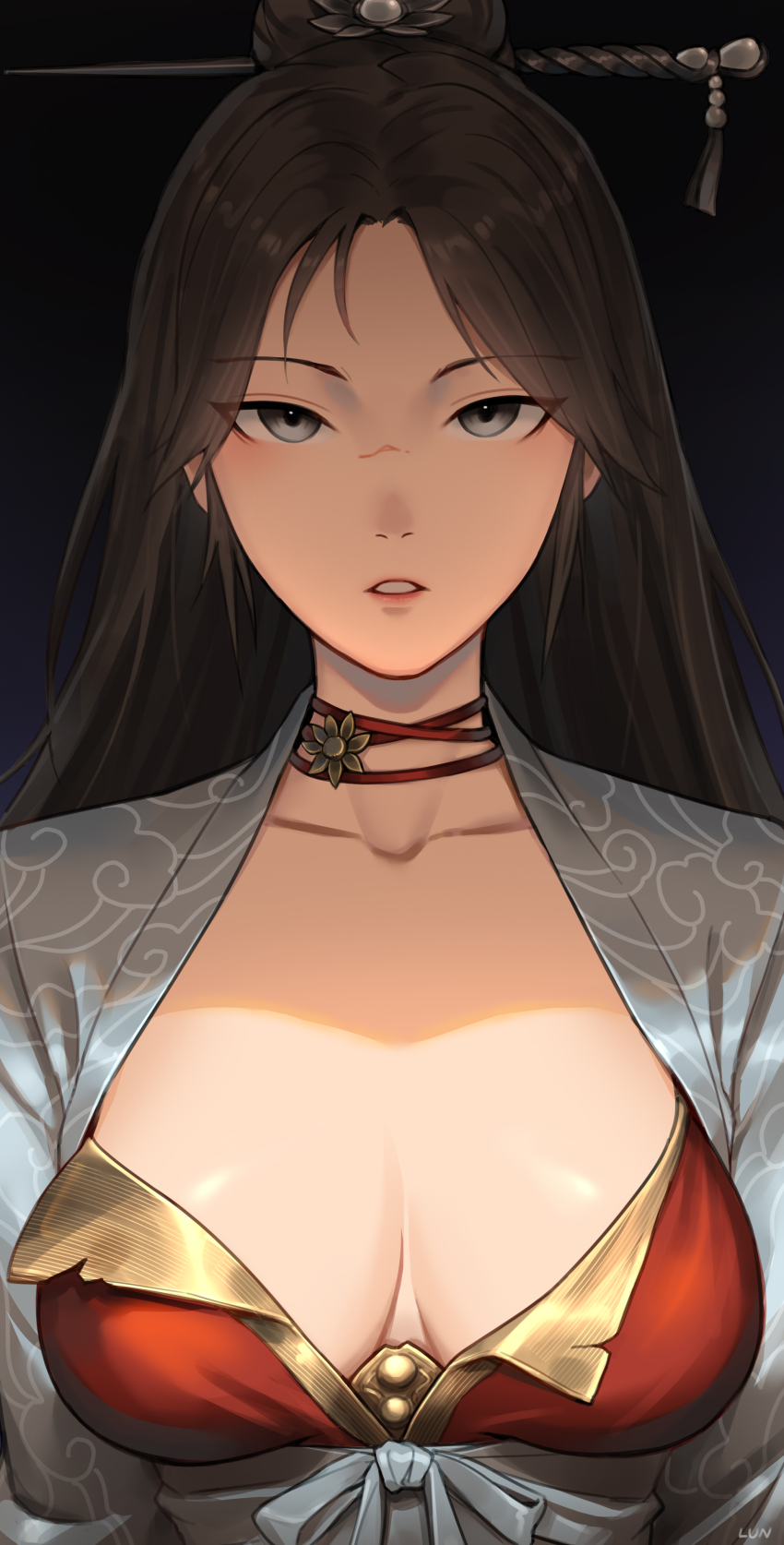 1girl, absurdres, artist_name, bai_wuchang, black_background, black_hair, breasts, chinese_clothes