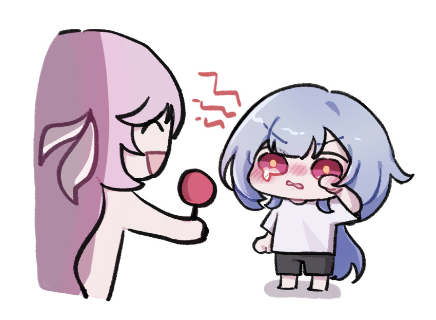 2girls, black_shorts, blue_hair, blush, candy, chibi, chibi_only, commentary_request