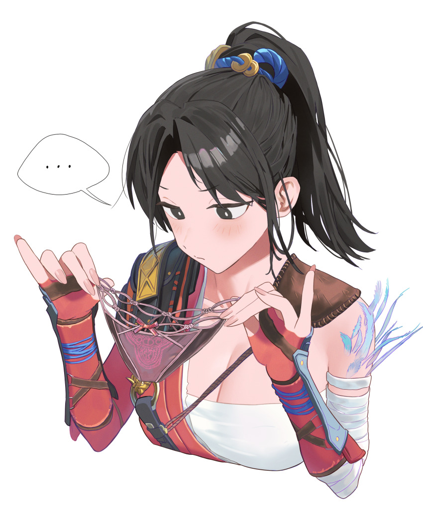 ..., 1girl, bai_wuchang, bei_chelun_de_daquan_yangcong_anakin, black_eyes, black_hair, blush, chest_sarashi, feathers, highres, holding, holding_panties, holding_underwear, holding_unworn_clothes, long_hair, panties, ponytail, purple_panties, sarashi, simple_background, underwear, white_background, wuchang:fallen_feathers