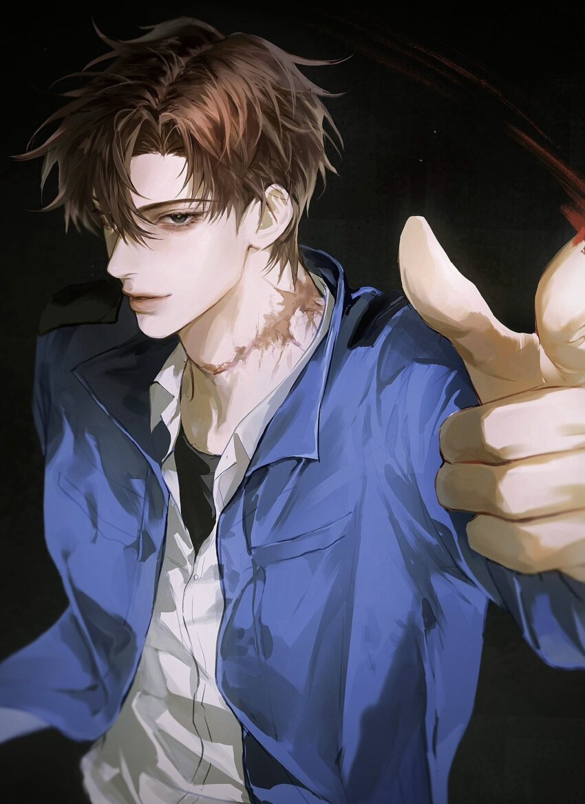1boy, agent_choi, aiming, aiming_at_viewer, black_background, black_eyes, black_shirt, blue_jacket, brown_hair, collared_jacket, collared_shirt, commentary, dang0_23, eyelashes, gwechul, hair_between_eyes, highres, jacket, korean_commentary, light_particles, lips, long_sleeves, male_focus, nose, open_clothes, open_jacket, parted_lips, pointing, scar, scar_on_neck, shirt, shirt_under_shirt, short_hair, smile, solo, upper_body, white_shirt