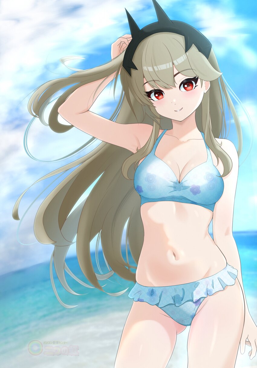 1girl, absurdres, beach, bikini, black_hairband, blonde_hair, blue_bikini, blush