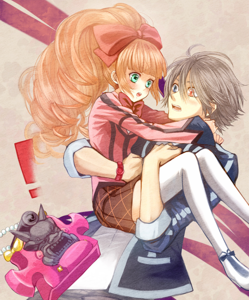 !, 10s, 1boy, 1girl, aiba_ruri, blue_eyes, bow, brown_hair