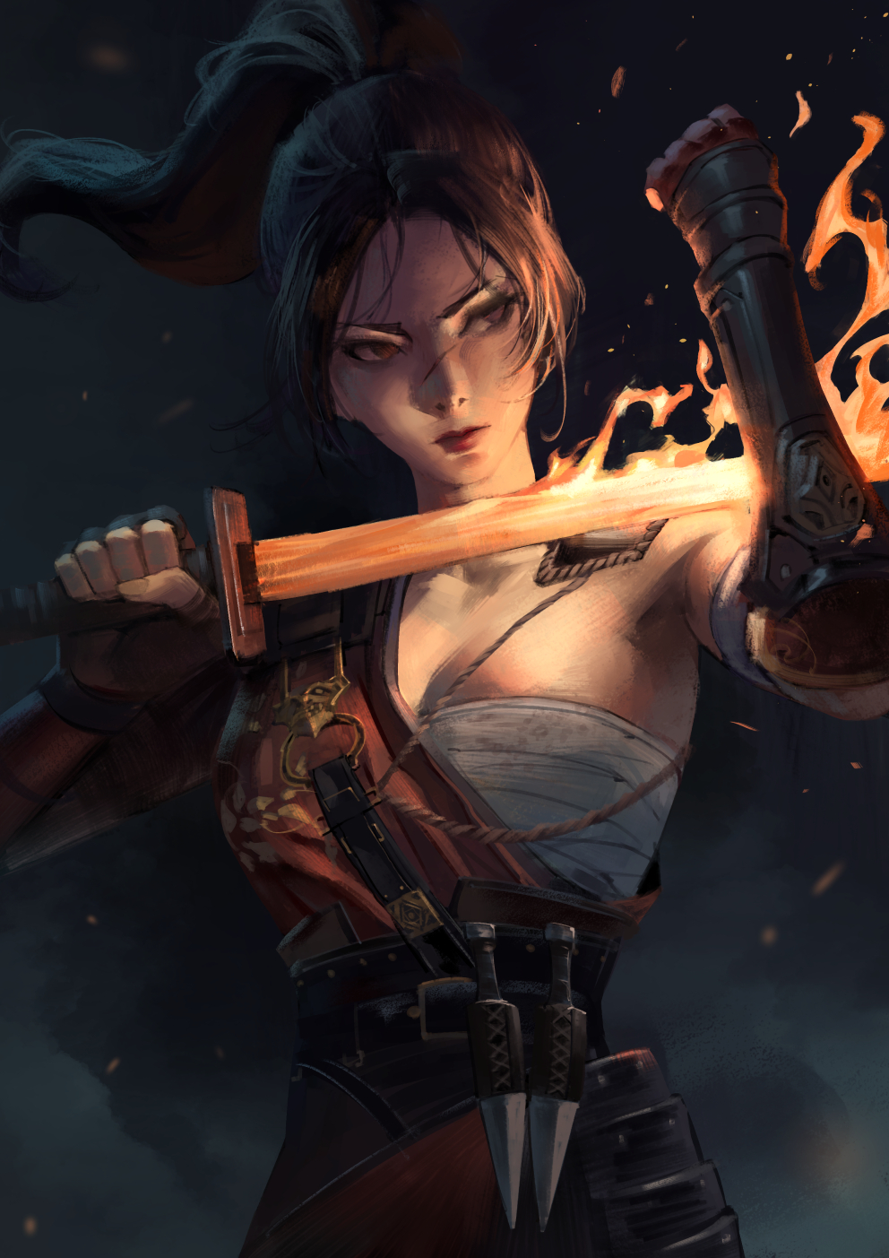 1girl, arm_guards, bai_wuchang, black_hair, chest_sarashi, commission, dagger, fire, flaming_sword, flaming_weapon, highres, holding, holding_sword, holding_weapon, knife, long_hair, phamoz, ponytail, sarashi, scar, scar_on_face, scar_on_nose, sword, weapon, wuchang:fallen_feathers