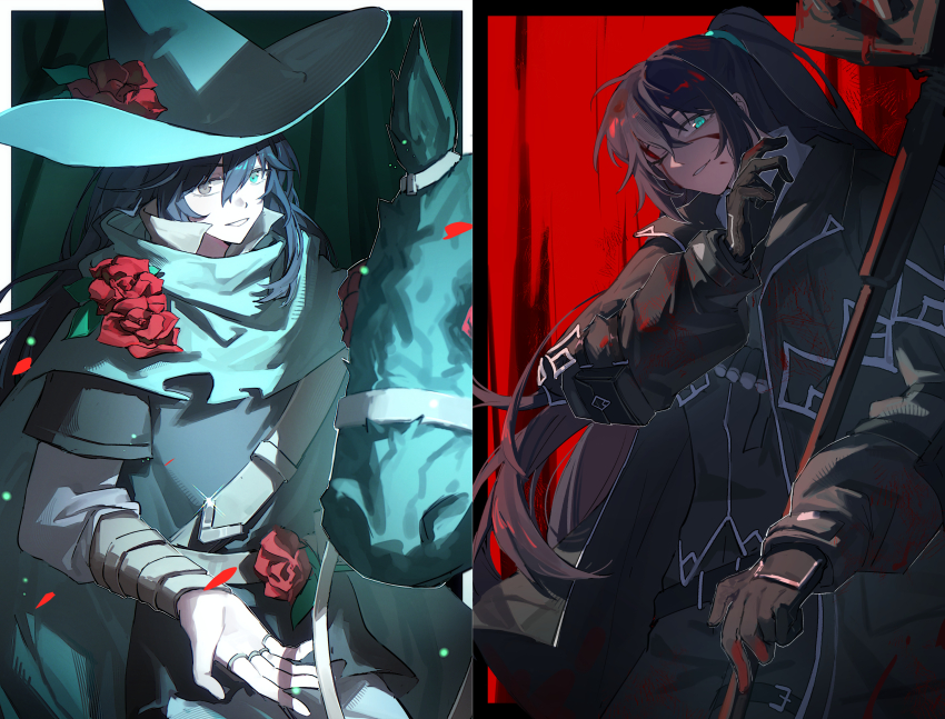 1boy, absurdres, arm_wrap, black_border, black_coat, black_eyes, black_gloves, black_hair