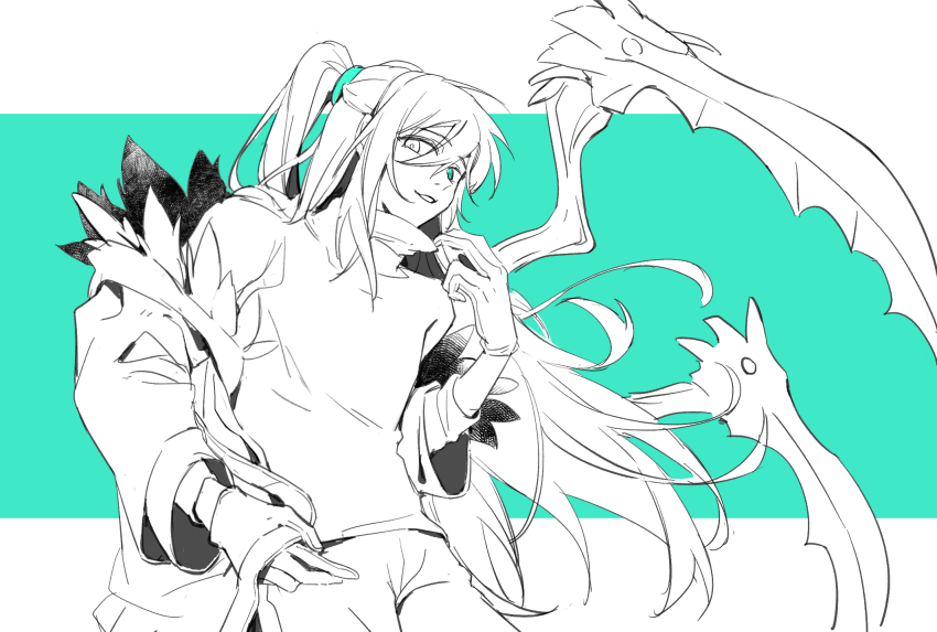 1boy, aqua_background, aqua_eyes, border, fur-trimmed_jacket, fur_trim, gloves, highres