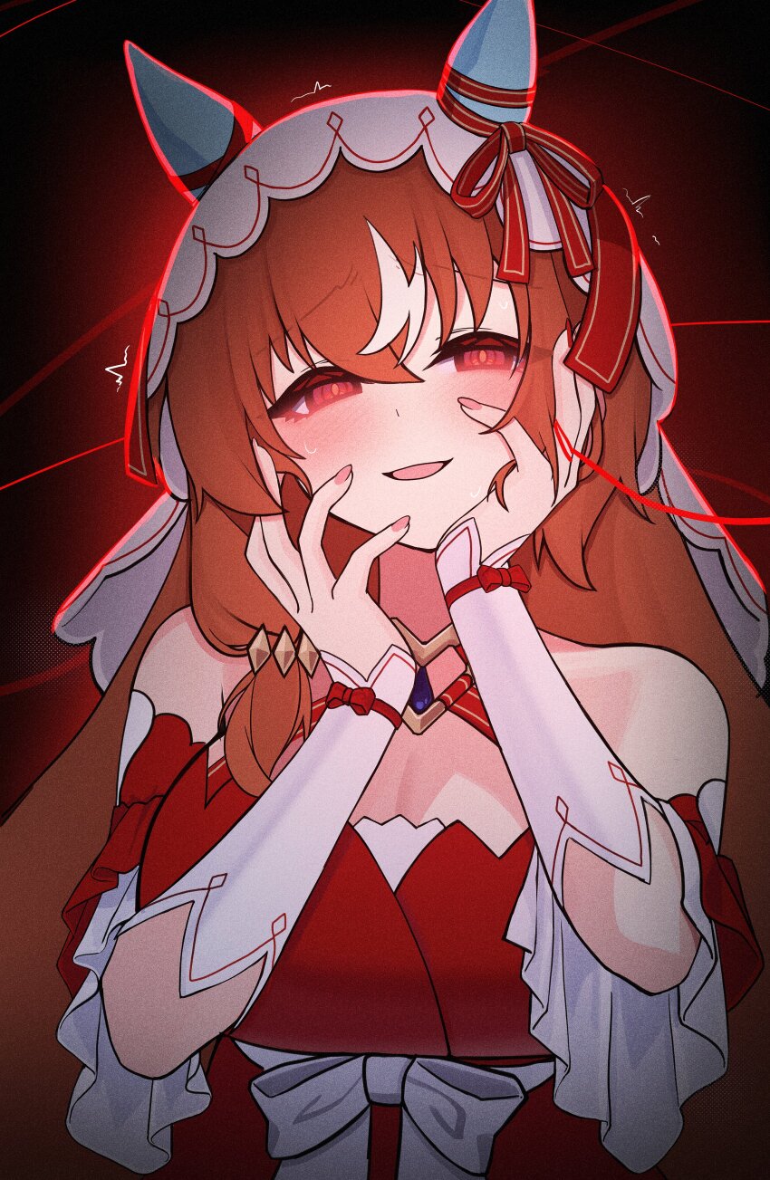 1girl, absurdres, animal_ears, bare_shoulders, blush, breasts, brown_hair, cleavage