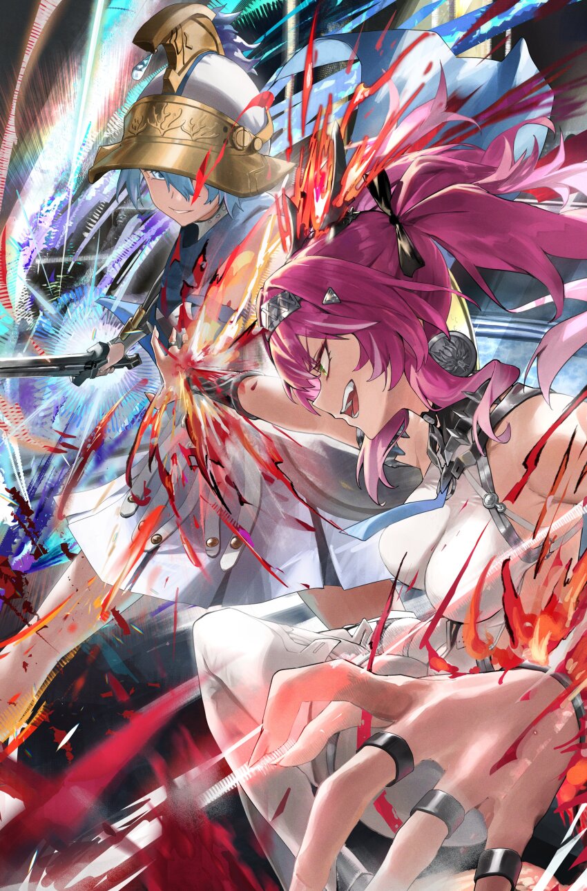 2girls, absurdres, bare_shoulders, black_bow, blue_eyes, blue_hair, bodysuit, bow