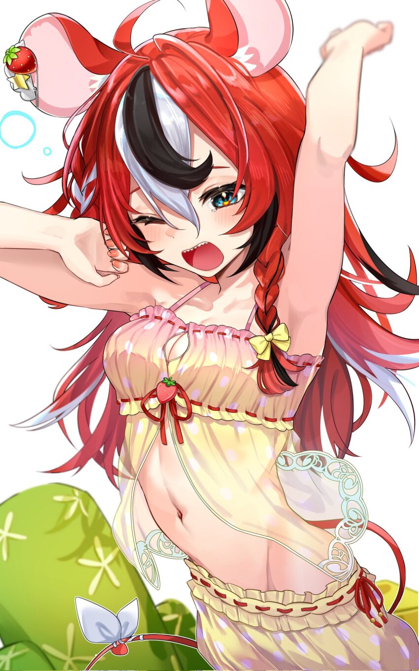 1girl, ahoge, animal_ears, arm_up, black_hair, blue_eyes, bow, braid