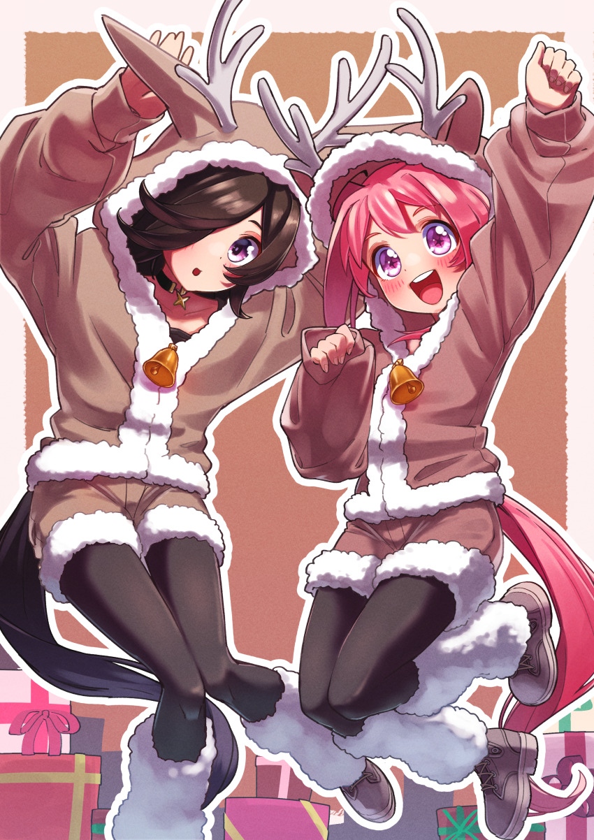 2girls, :d, absurdres, alternate_costume, animal_costume, animal_ear_hood, animal_ears, arm_up