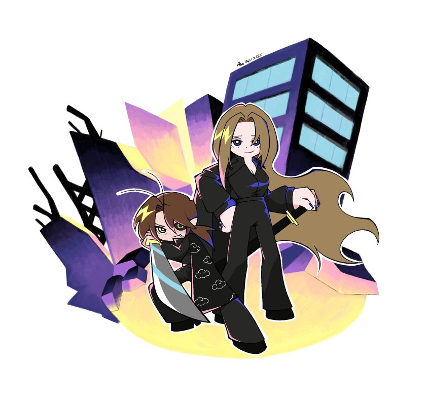 1boy, 1girl, amithesmolsatan, black_pants, black_shirt, coat, gregor_(project_moon), highres