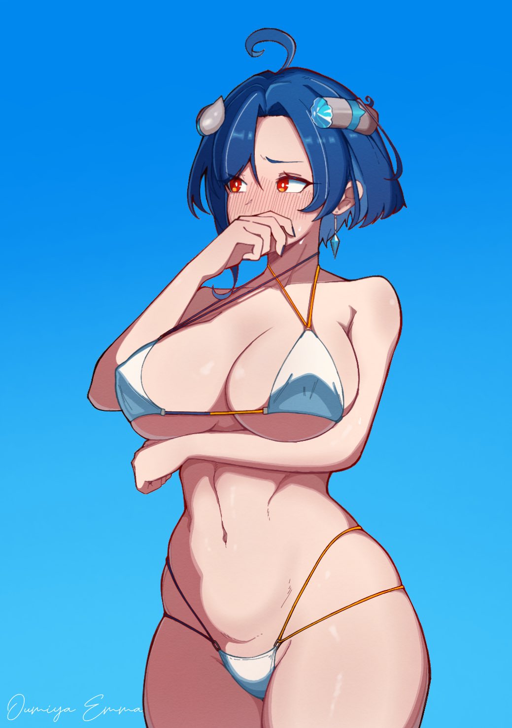 1girl, ahoge, arm_under_breasts, bare_shoulders, bikini, blue_background, blue_hair, blush, breasts, bright_pupils, character_name, cleavage, earrings, grey_horns, highres, horns, indie_virtual_youtuber, jewelry, lakart, large_breasts, linea_alba, navel, oumiya_emma, red_eyes, second-party_source, shadow, short_hair, signature, solo, sweat, swimsuit, virtual_youtuber, white_bikini, white_pupils