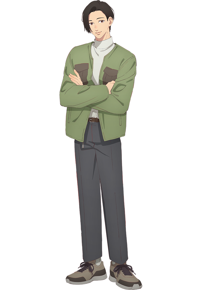 1boy, anime_coloring, belt, black_hair, brown_belt, brown_eyes, closed_mouth, crossed_arms, full_body, green_jacket, grey_pants, grey_shoes, head_tilt, jacket, looking_at_viewer, nagi_kyouya, official_art, open_clothes, open_jacket, pants, shirt, shoes, short_hair, simple_background, smile, sneakers, sobaco_(sobacocco), solo, standing, transparent_background, turtleneck, turtleneck_shirt, white_shirt, yubisaki_to_renren