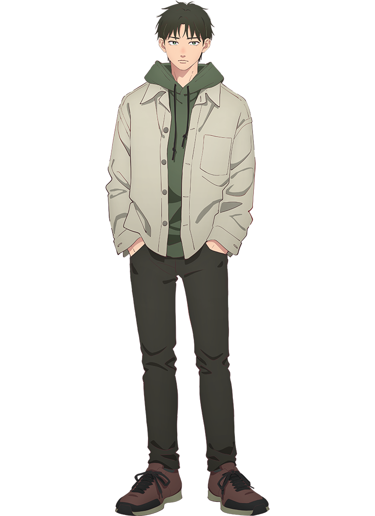 1boy, anime_coloring, ashioki_oushi, closed_mouth, collared_shirt, full_body, green_eyes, green_hair, green_hood, hands_in_pockets, hood, hood_down, hoodie, looking_at_viewer, official_art, open_clothes, open_shirt, pants, parted_bangs, red_shoes, shirt, shoes, simple_background, sneakers, sobaco_(sobacocco), solo, standing, transparent_background, white_shirt, yubisaki_to_renren