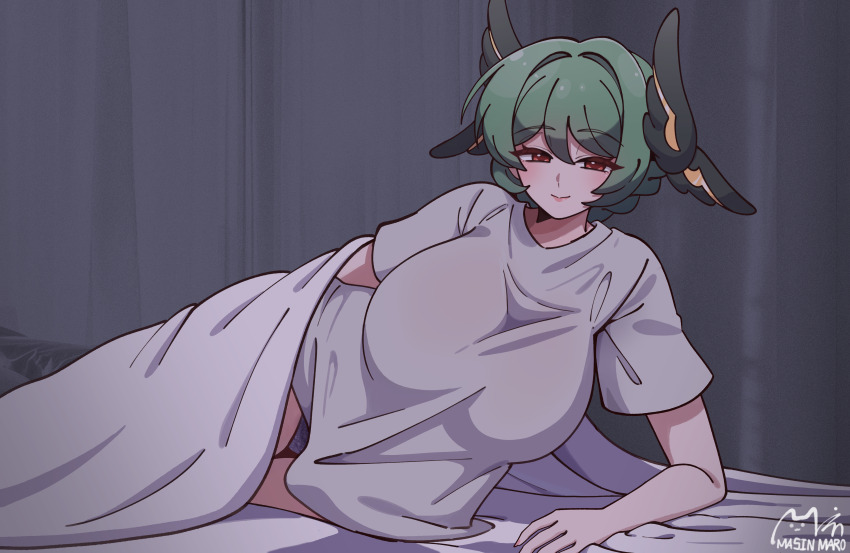 absurdres, breasts, green_hair, head_wings, highres, joanne_(trickcal), large_breasts, lying