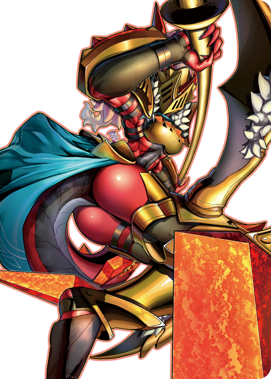 1girl, armor, ass, breasts, colored_skin, digimon, digimon_alysion, digimon_card_game, dragon_girl, dragon_tail, gold_armor, gold_helmet, halberd, highres, holding, holding_polearm, holding_weapon, horns, knight, long_hair, medium_breasts, muscular, muscular_female, non-web_source, official_art, polearm, red_hair, red_horns, red_skin, red_tail, rubeusdramon, simple_background, solo, tail, transparent_background, weapon