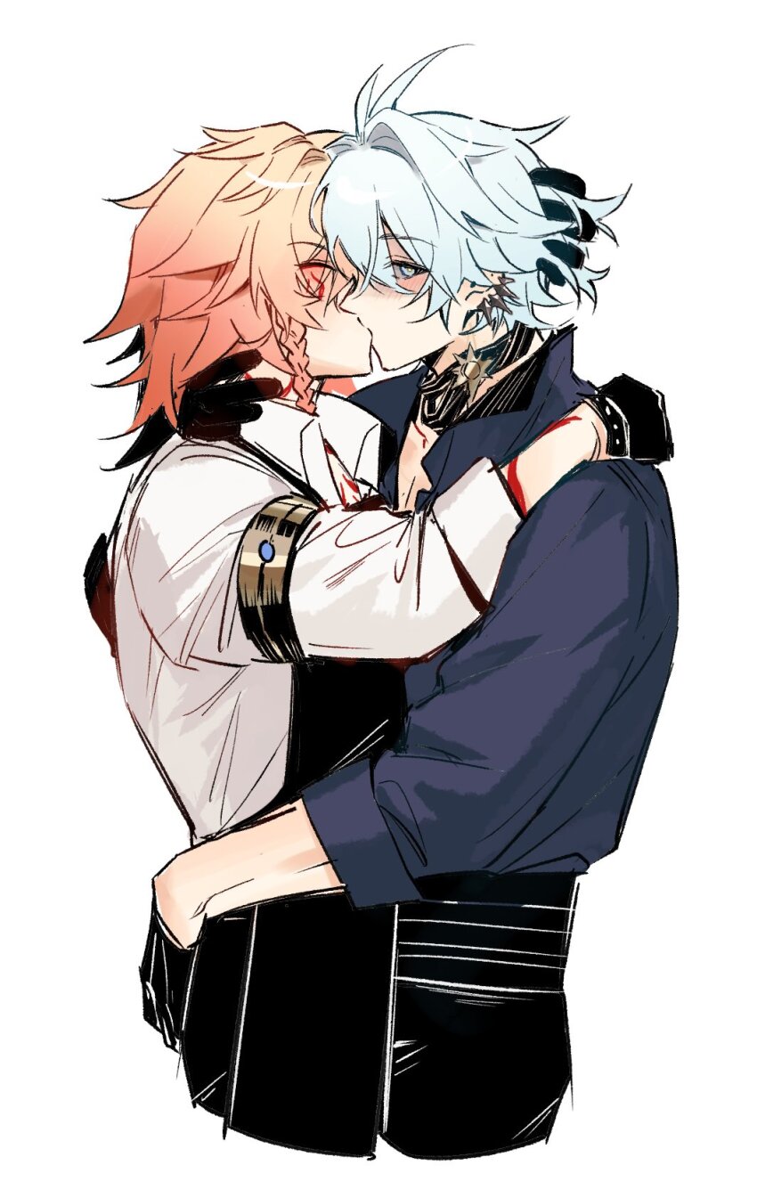 2boys, antenna_hair, armlet, black_choker, black_gloves, black_pants, black_shirt, blonde_hair