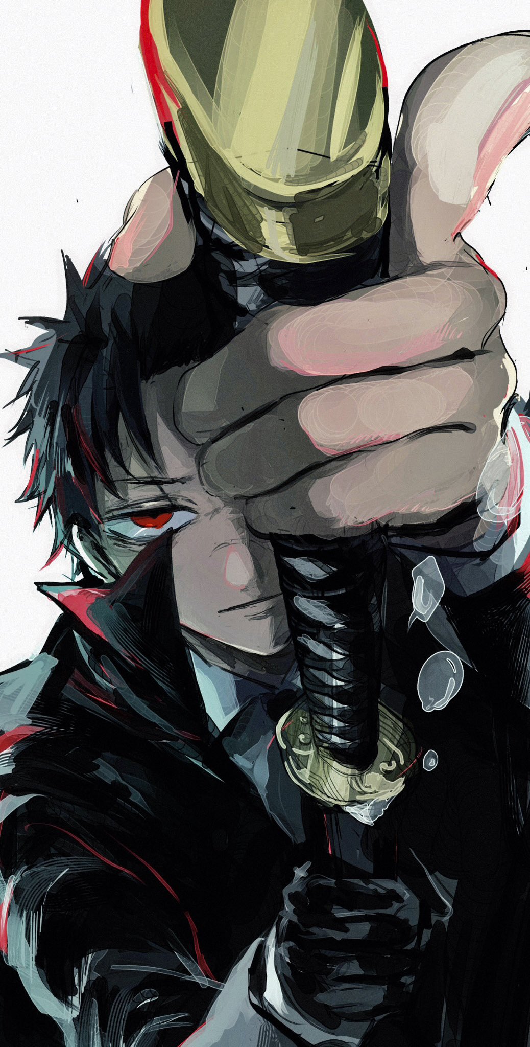 1boy, 21g_yaseru, black_coat, black_hair, black_jacket, coat, drawing_sword, enten_(sword)