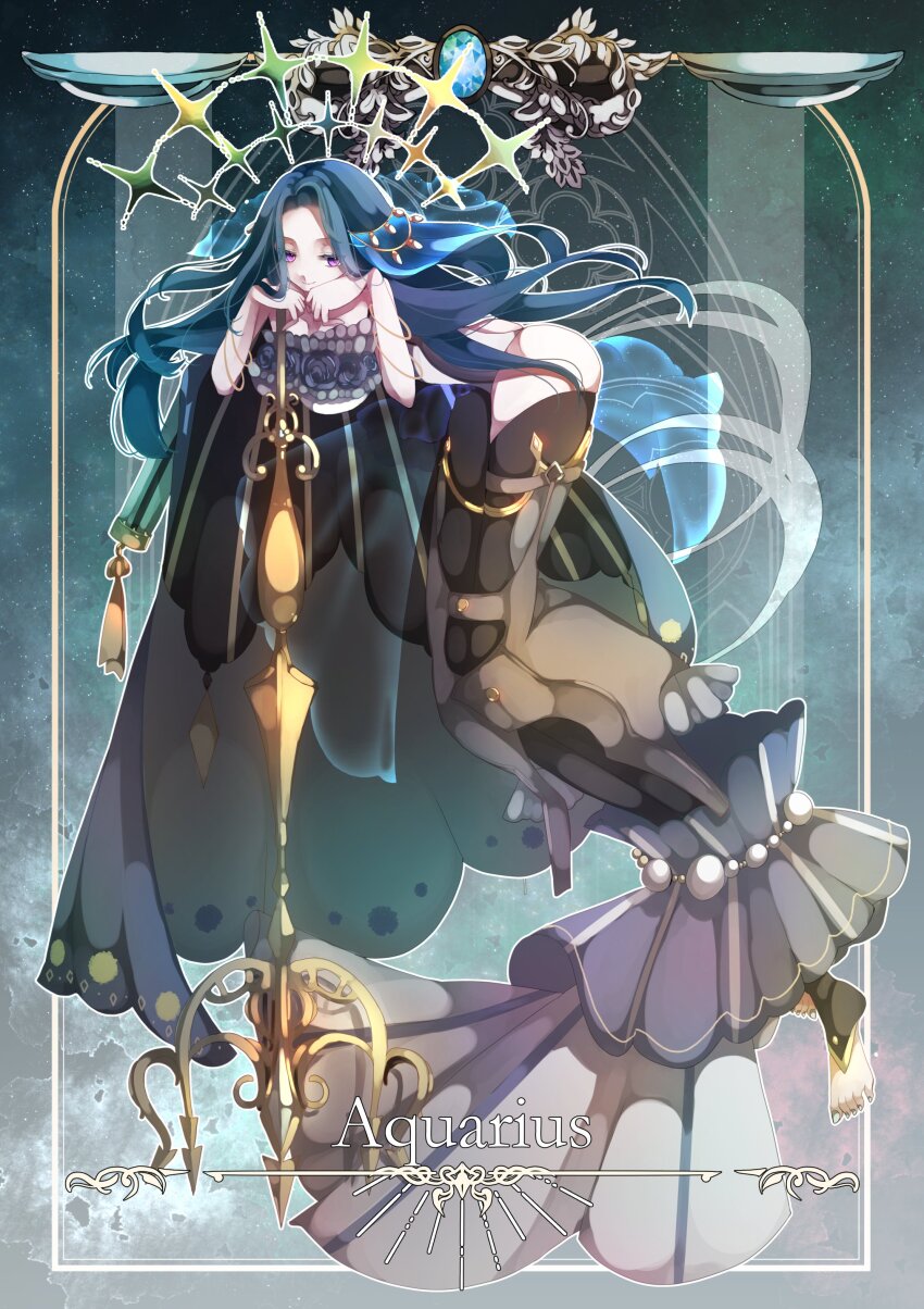 1girl, absurdres, aqua_background, aquarius_(zodiac), barefoot, black_cape, black_leggings, blue_flower