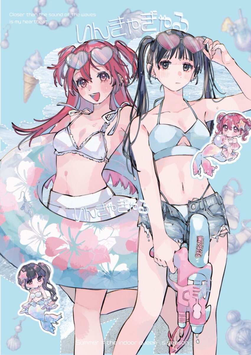 2girls, bikini, bikini_bottom_under_shorts, bikini_under_clothes, black_eyes, black_hair, blue_bikini, blue_shorts