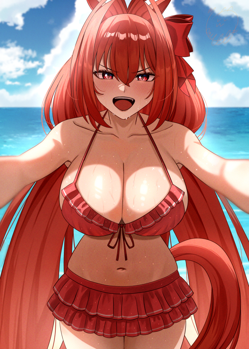 1girl, :d, animal_ears, bikini, bikini_skirt, blue_sky, blush, bow