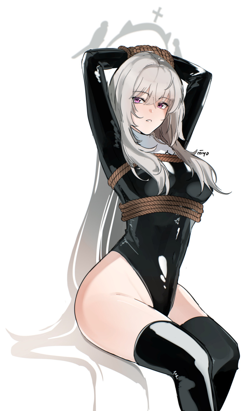 1girl, bdsm, blue_archive, bondage, bound, bound_arms, bound_wrists, female_focus, halo, highres, kyona_7898, latex, leotard, nun, pink_eyes, pink_hair, rope, sakurako_(blue_archive), solo, thighhighs
