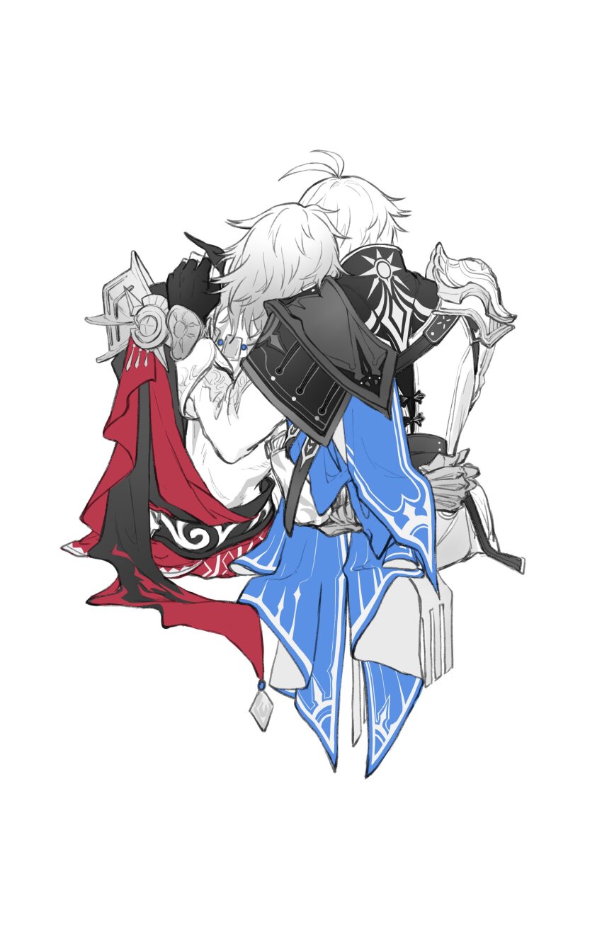 2boys, absurdres, antenna_hair, armor, back_tattoo, black_coat, black_gloves, black_shirt, blue_cape, cape, chinese_commentary, coat, commentary_request, fingerless_gloves, from_behind, gloves, hand_on_another's_shoulder, hand_on_another's_waist, head_on_another's_shoulder, highres, honkai:_star_rail, honkai_(series), kylesaroyan2, leaning_on_person, male_focus, medium_hair, multiple_boys, mydei_(honkai:_star_rail), open_clothes, open_coat, pauldrons, phainon_(honkai:_star_rail), red_cape, shirt, short_hair, shoulder_armor, side_cape, single_pauldron, tattoo, white_coat, white_hair, yaoi